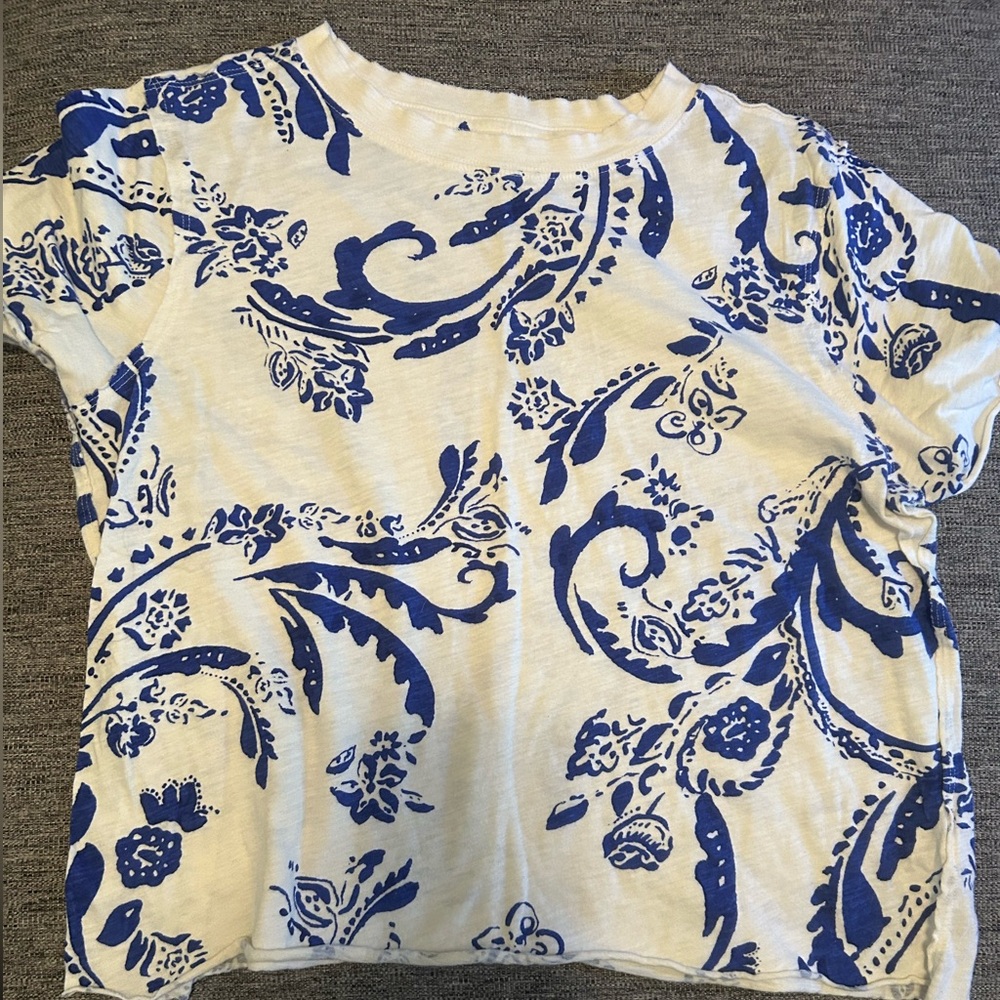 Maeve White Crop Top with Blue Floral Scroll Print